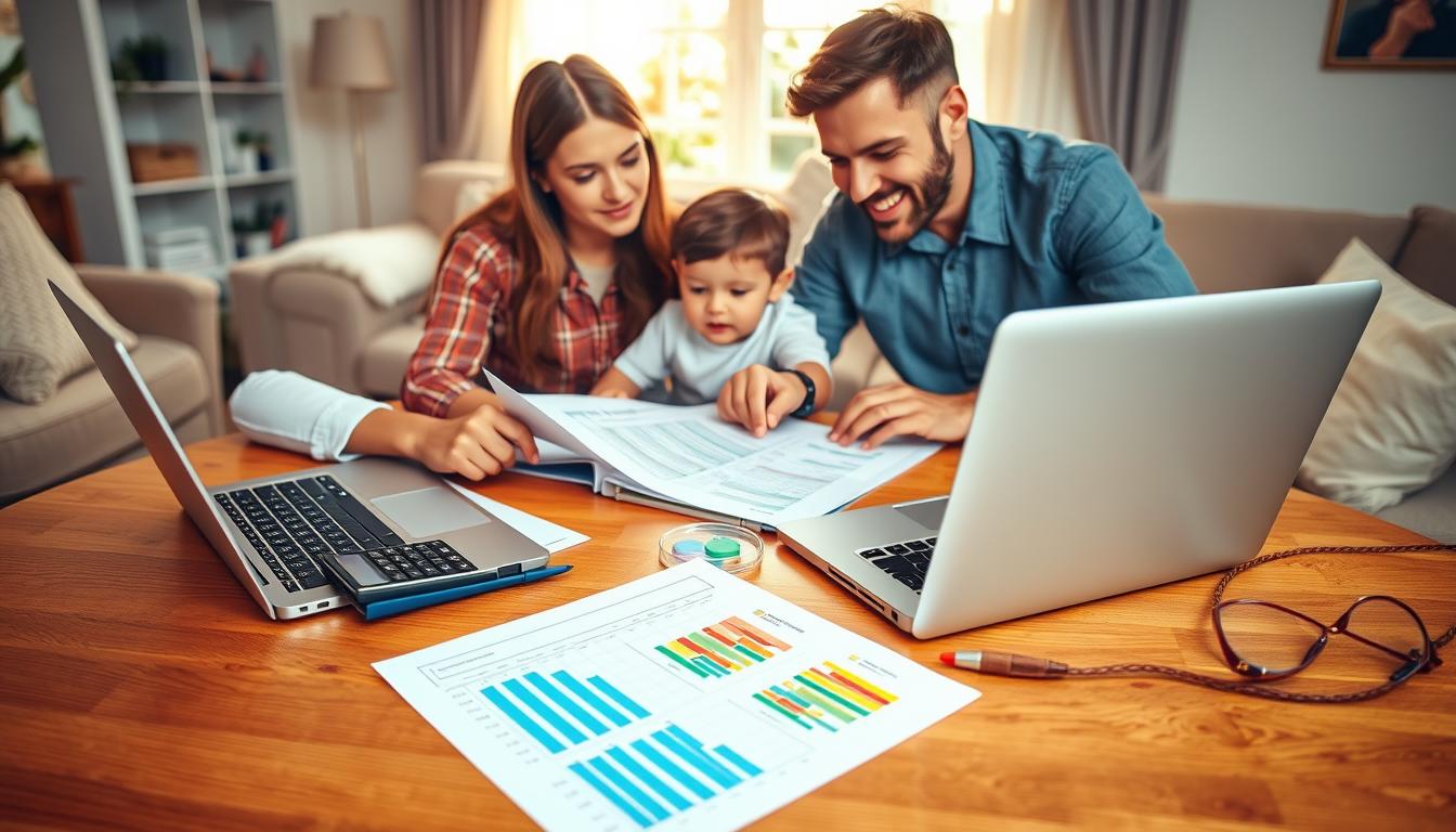 vibrant, intricate scene of a family reviewing health insurance plan documents on a wooden table, with a laptop, calculator, and colorful graphs in the foreground, highlighting the optimization process, surrounded by a warm, sunlit living room with soft furnishings in the background, showcasing a thoughtful, analytical approach to managing family healthcare coverage and budget.