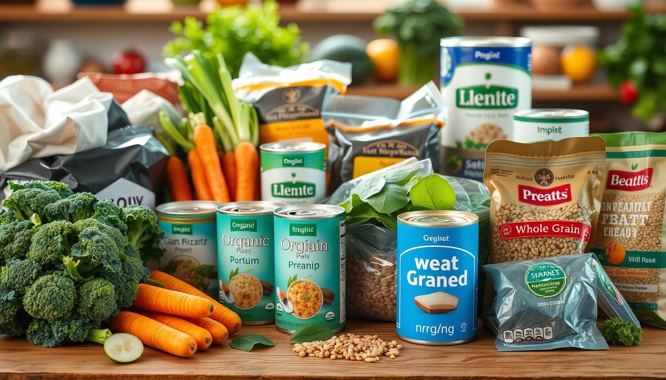 vibrant natural lighting, close-up shot of a variety of clean eating grocery items on a wooden table, including organic fresh produce such as broccoli, carrots, and spinach, alongside store-brand canned goods, whole grains, and plant-based protein sources, all neatly arranged to showcase the diversity of affordable healthy options, with a warm, inviting atmosphere that emphasizes the accessibility of nutritious food choices.